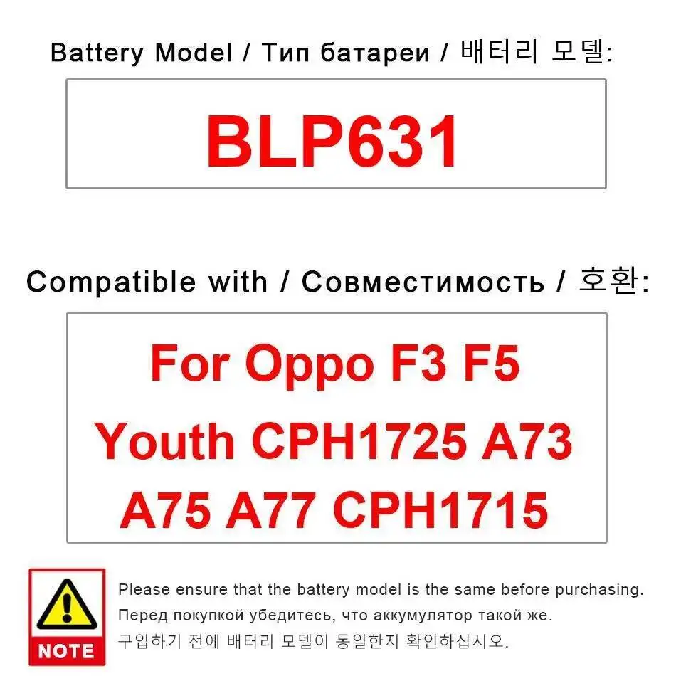 

3200Mah BLP631 Reliable Replacement Mobile Phone Battery For Oppo F3 F5 Youth CPH1725 A73 A75 A77 CPH1715