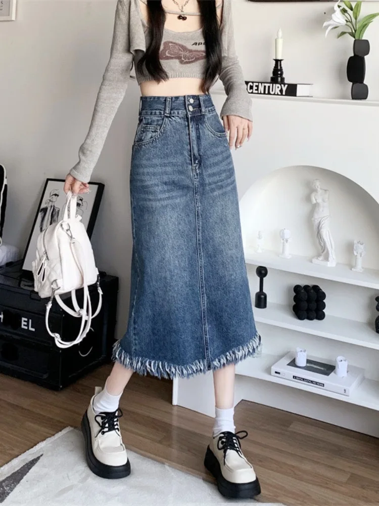 

Retro Blue Women High Waist Tassel Denim Skirt 2025 Summer Casual Mid-length Jean Skirt Female Skirt
