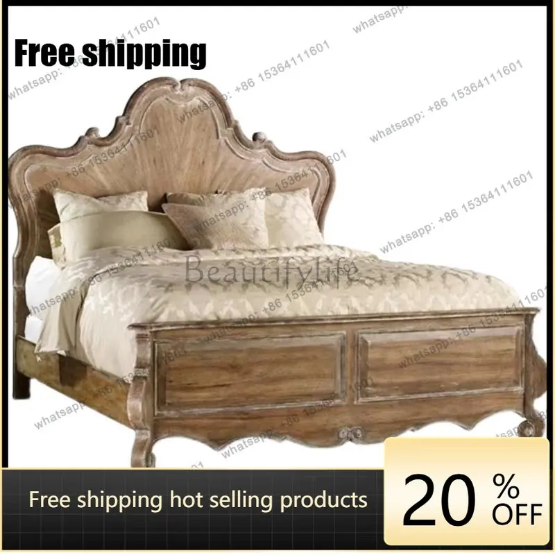 Zj. Bedroom American Country Oak Carved Queen Bed French Antique Log Double Bed