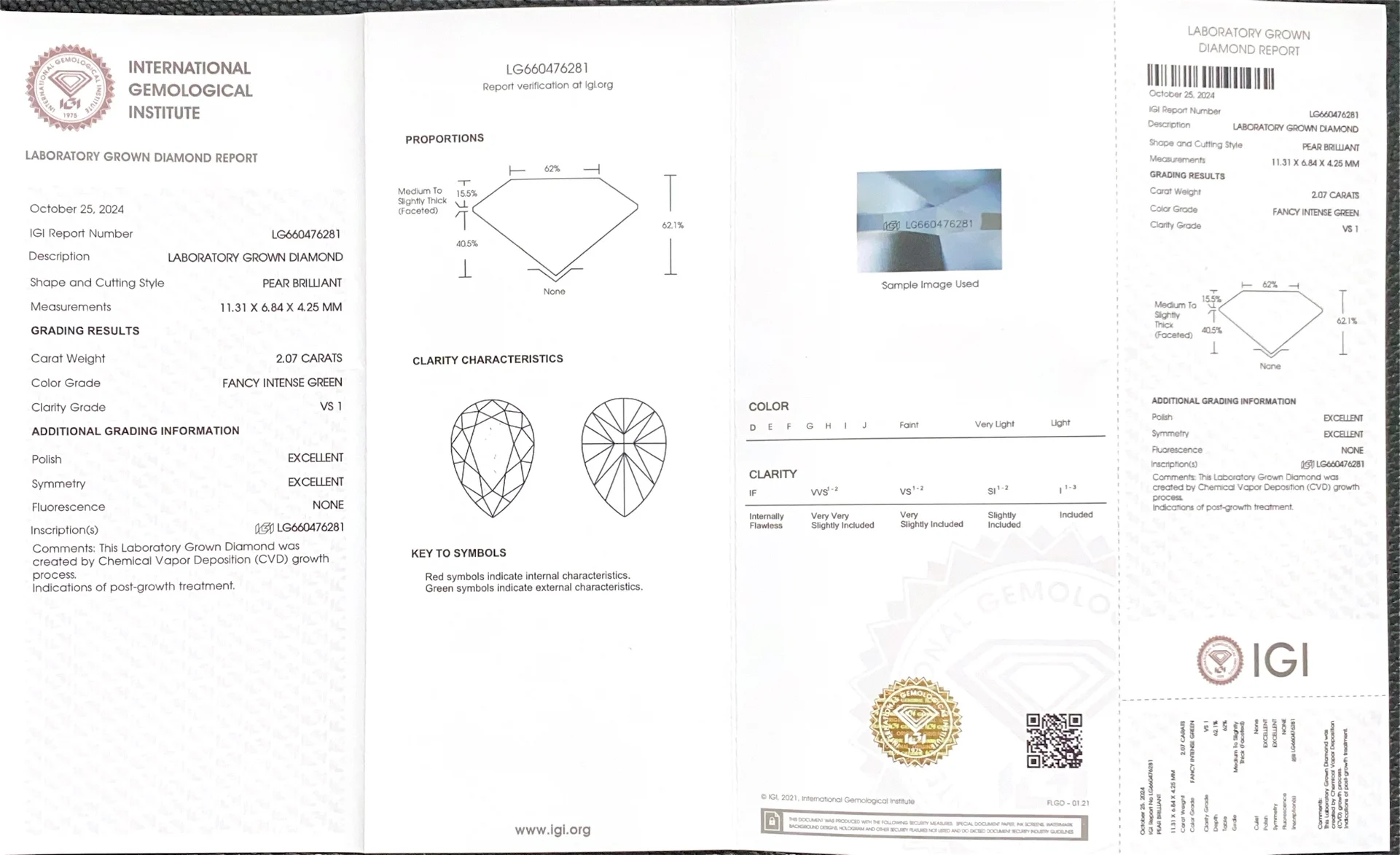 IGI 2.07CT Green Pear Shape LGD Lab Grown Diamond CVD Diamonds Stone Wholesale Fancy Intense Green with igi Certificate