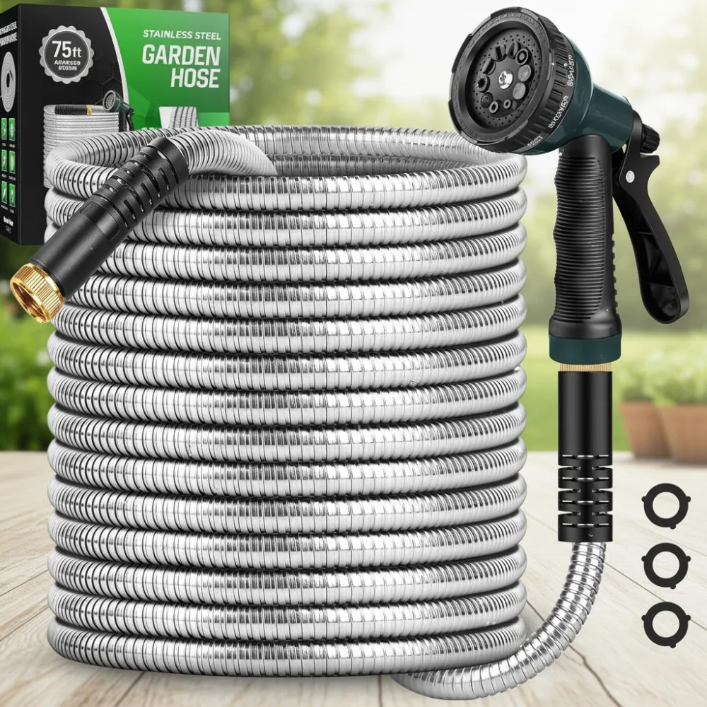 

75ft Stainless Steel Garden Hose with 10-Function Nozzle, Kink-Free, Leak-Proof for Yard & Car Washing