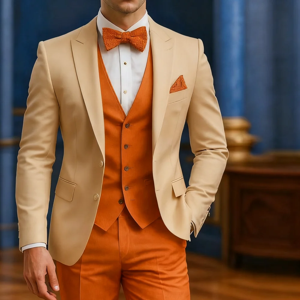 

Men's Formal White And Orange Suit Occasion Wedding Groomsmen Graduation Dance Smoking 3 Piece Tuxedo Traditional Male Attire