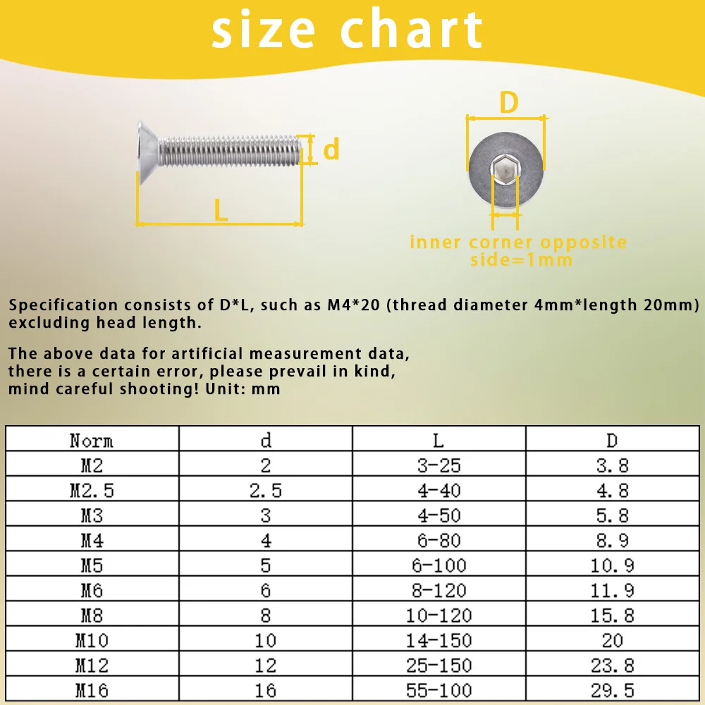 3-30pcs Din7991 Hexagon Hex Socket Countersunk Flat Head Screw M2 M2.5 M3 M4 M5 M6 M8 304 Stainless Steel Allen Key Head Bolts