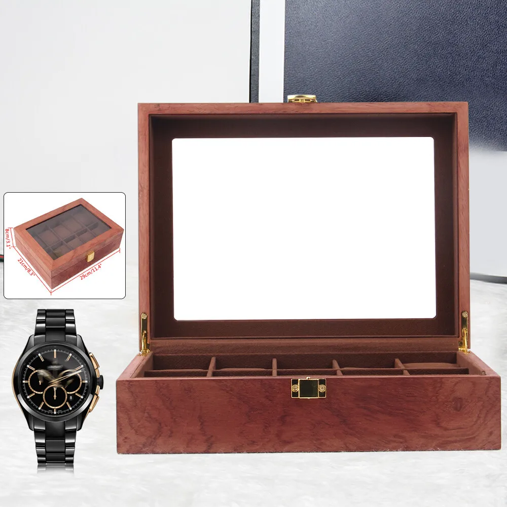 

10 Slot Wood Watch Box Glass Top Vintage Display Jewelry Storage/ Organizer
