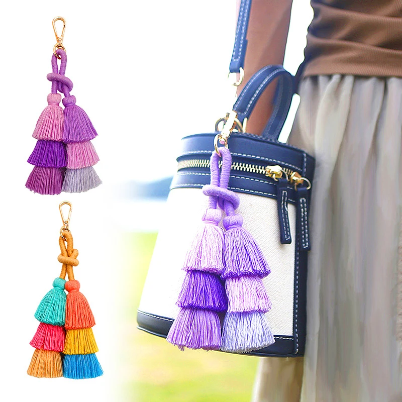 Handmade Pom Pom Colorful 3 Layered Tassel Keychain Bag charms Gradient Colors Key Holder Boho Jewelry Gift for women