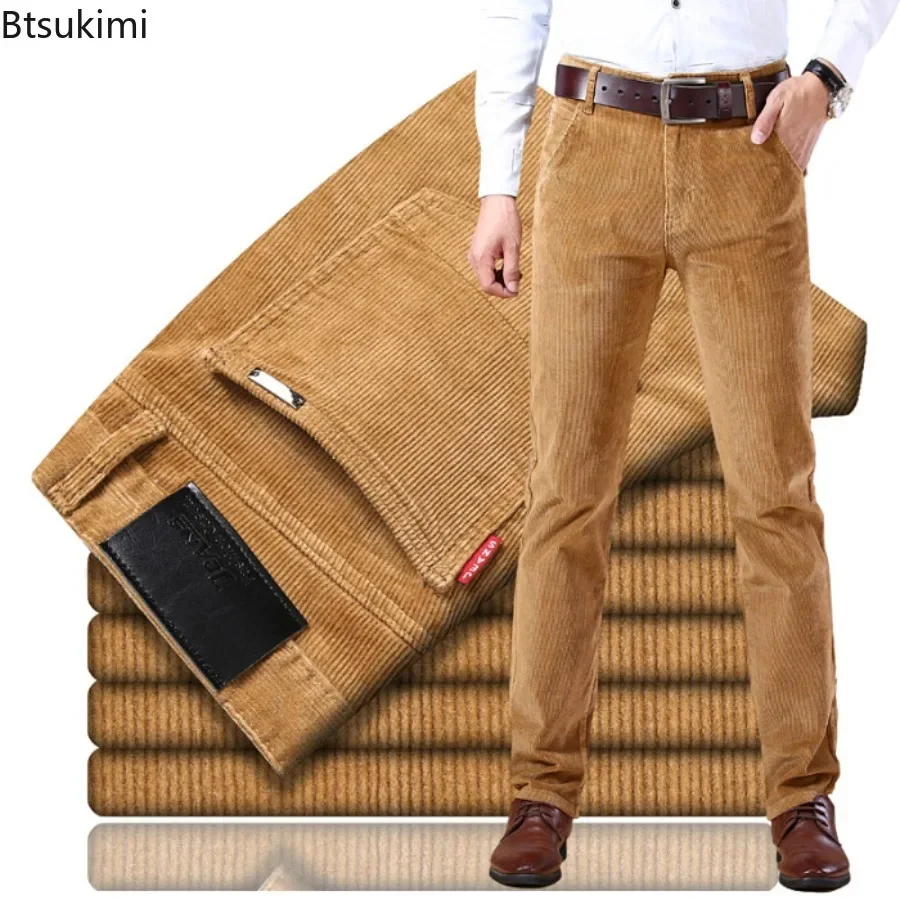 

2025 New Autumn Winter Classic Mid-Rise Corduroy Pants for Men Solid Straight Slim Stretch Trousers Business Casual Pants Male