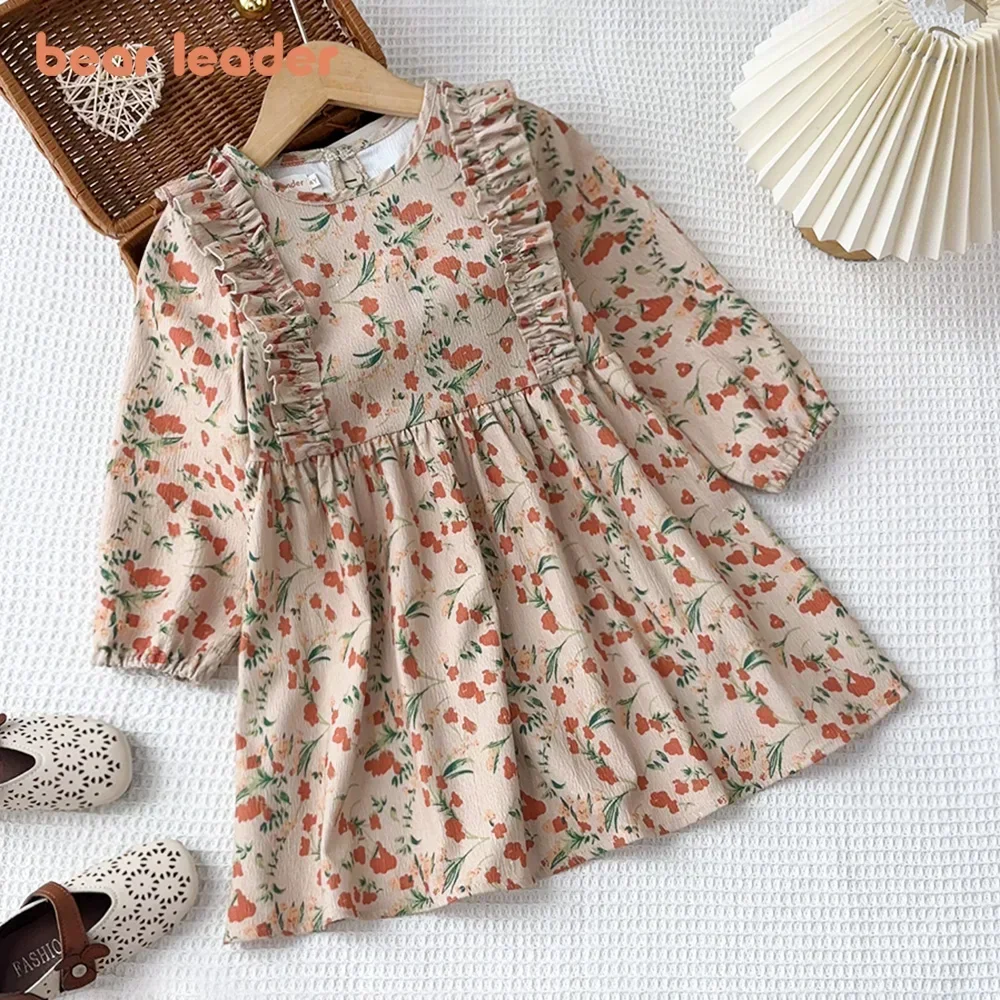 Bear Leader 3-7 Years Old Casual Children\'s Clothing Autumn Fashion Floral Dresses Long Sleeved Pleated Patchwork Girls\' Dress