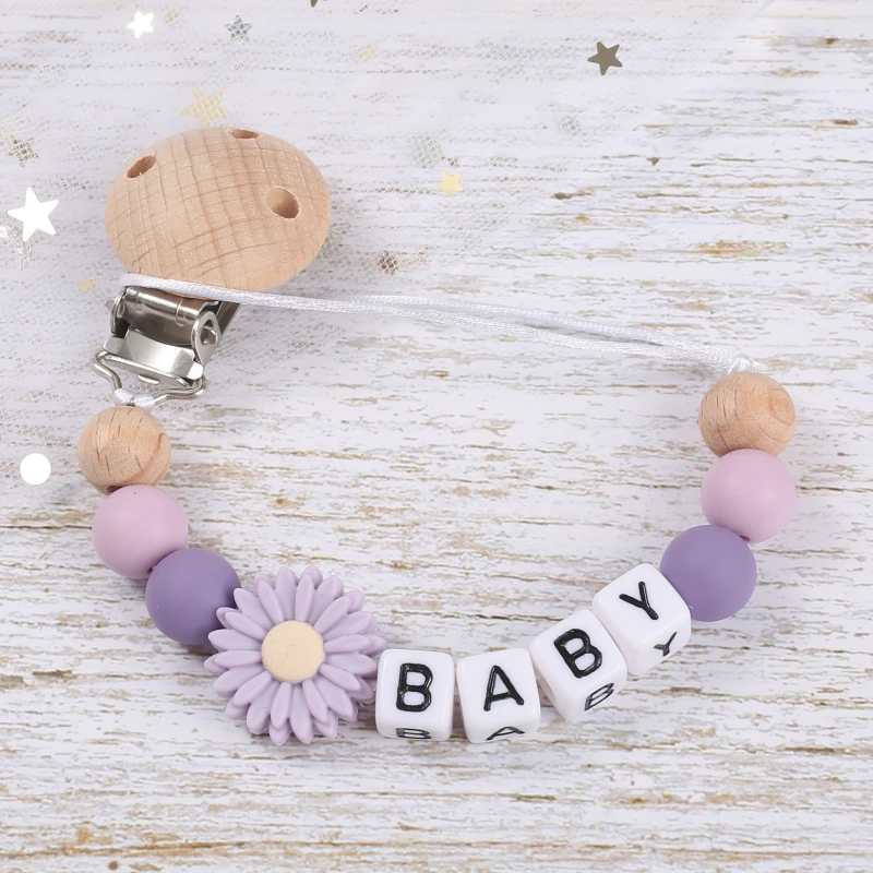 Baby Personalized Name Pacifier Chain Silicone Daisy Dummy Holder Chain For Handmade Wooden Baby Nipple Clips Nursing Chew Toys