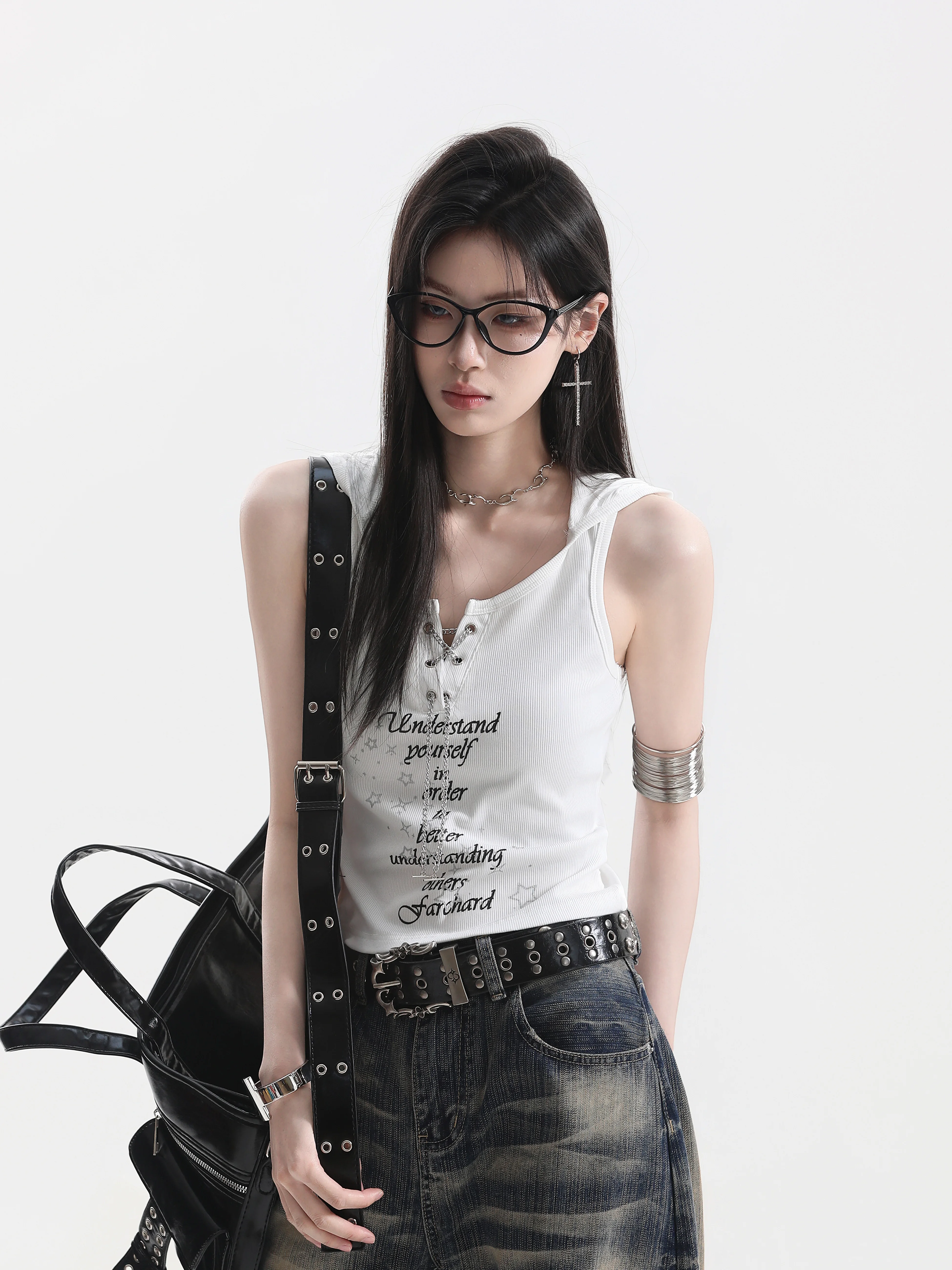 

Cleanfit American Style Streetwear Hot Girl Chain Detail Hoodie Vest Women's Slimming Sleeveless T-Shirt Breathable Short Length
