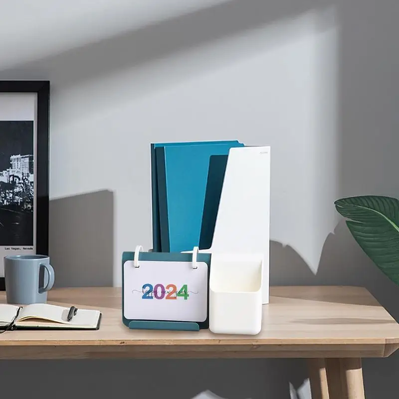 Mini calendário em pé com caneta titular, mesa multifuncional, desktop, em pé, design simples, mensal, 2024