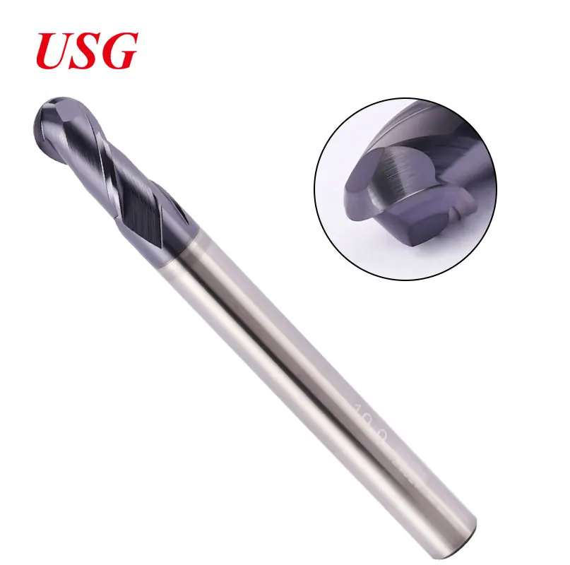 

USG Ball Nose End Mill Tungsten Carbide Cutter CNC Router Bit Milling Tool R0.5 6mm 8mm 10mm HRC55 2 Flute Long