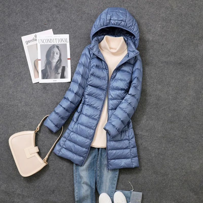 Woman Spring Padded Hooded Long Jacket White Duck Down Female Overcoat Ultra Light Slim Solid Jackets Coat Portable Parkas