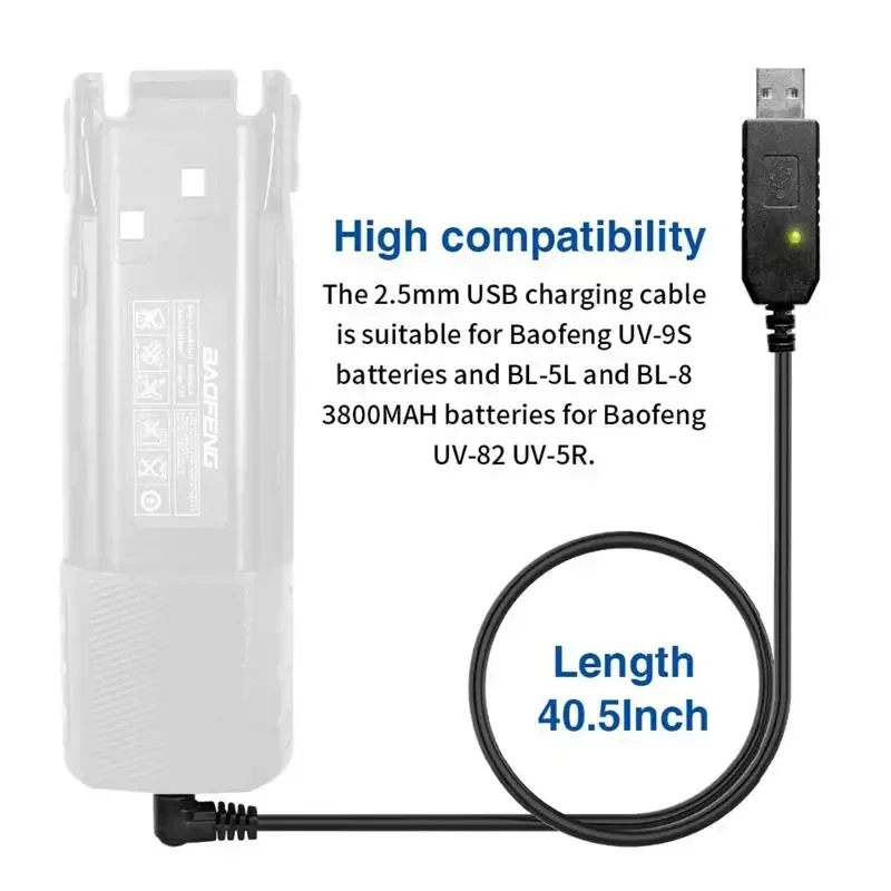 Câble de chargeur USB pour BaoFeng Walperforated Talkie UV-5R UV-82 3800mAh UV-S9 Plus BF-B3 Plus AR-152 Walperforé Talkie Radio Bidirectionnelle