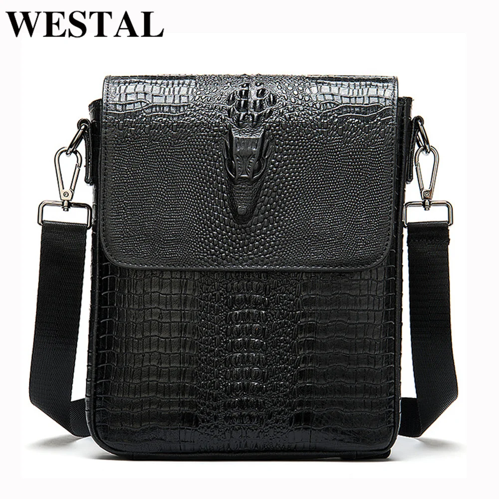 Imagem -04 - Bolsa de Couro Genuíno para Homens Padrão Crocodilo Bolsa Crossbody Vintage Bolsa de Mensageiro com Zíper 8857