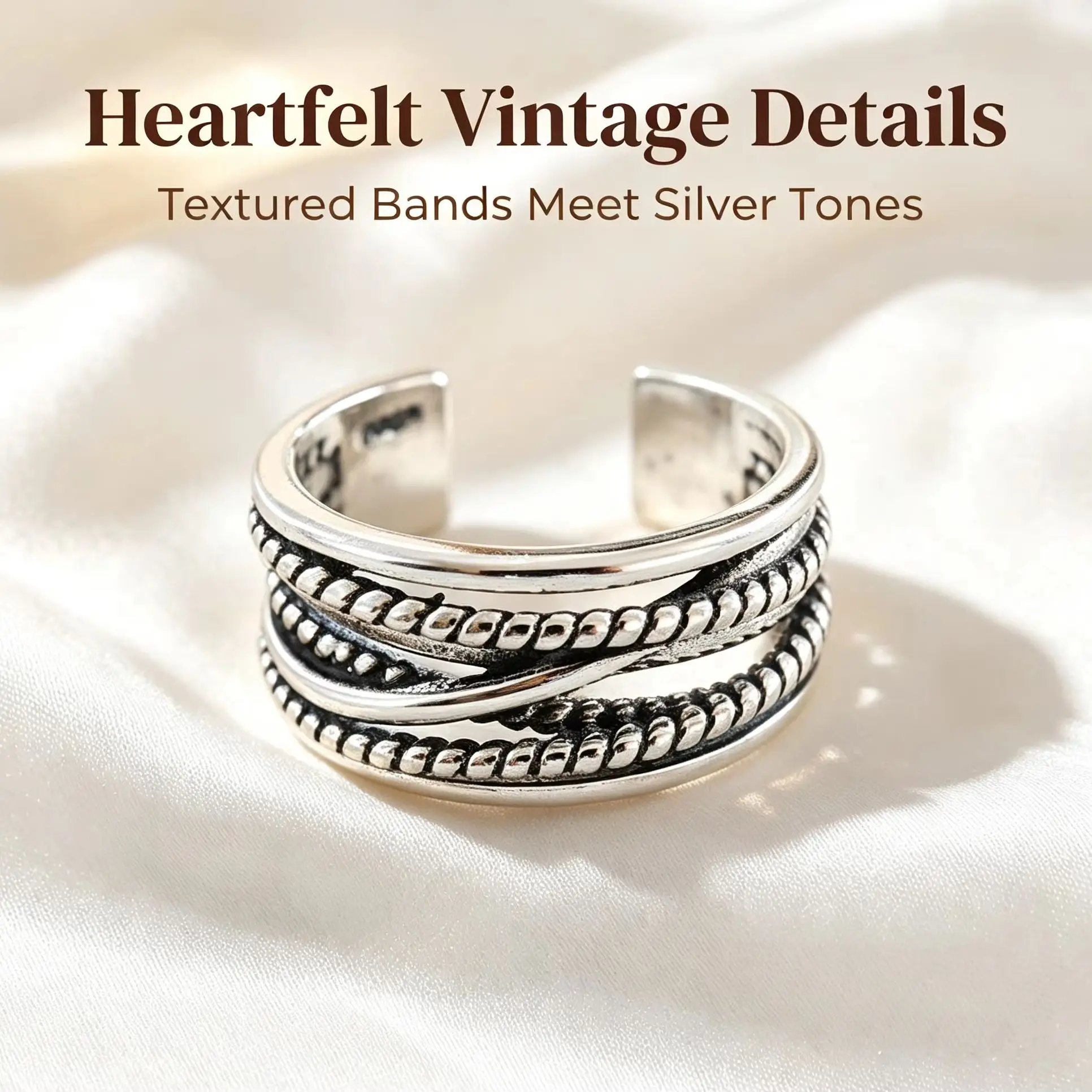 Women Vintage Bohemian Multi-Layer Open Ring, Adjustable Thick Textured Royal Style Stackable Finger Ring Trendy Boho All Match Daily Wear Party Jewelry
