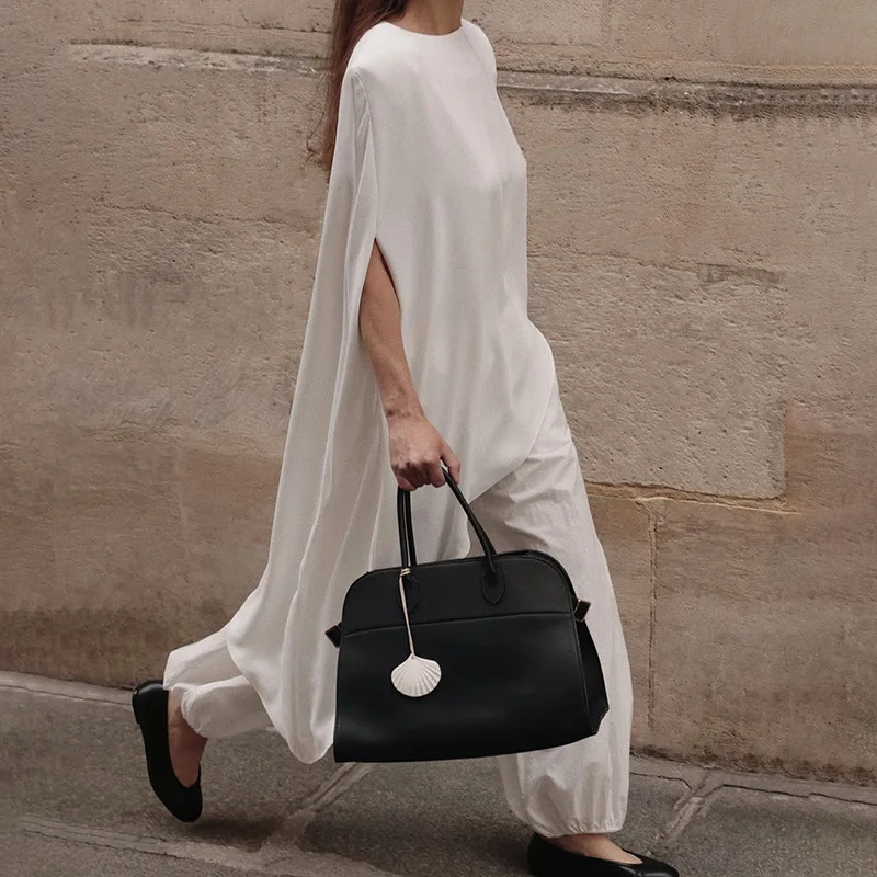 

Women Elegant Satin Asymmetrical Shawl Tops 2025 Autumn Fashion Solid O Neck Short Sleeve Casual Streetwear T-shirts Cape Tees