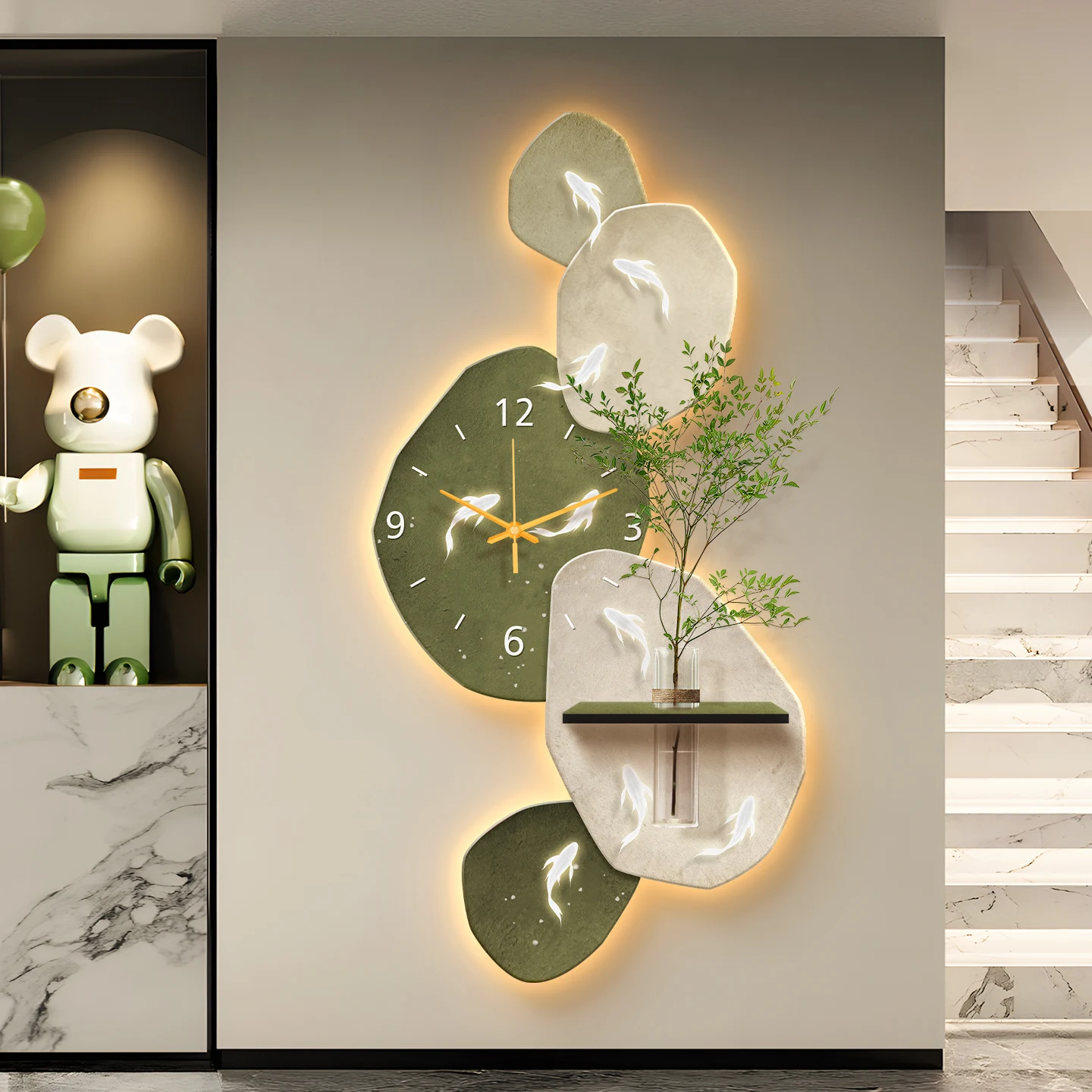 Nine Fish Painting Living Room Luxury Wall Clock Digital Wall Art Feng Shui Entrance Decoration Perpetual Calendar High-End Crea