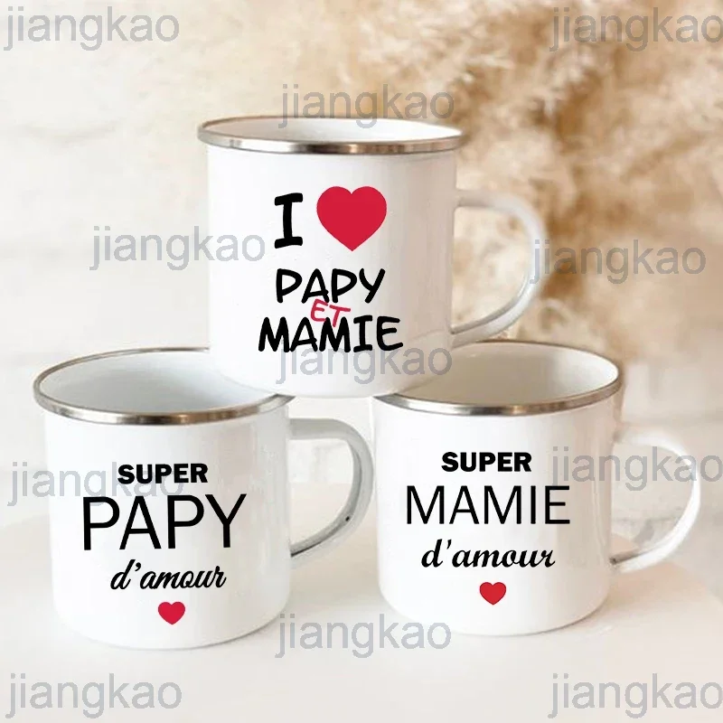 Super Papy Mamie Print Enamel Mug Creative Coffee Cups Drinks Water Milk Cup Enamel Mug Home Drinkware Gifts for Grandma Grandpa