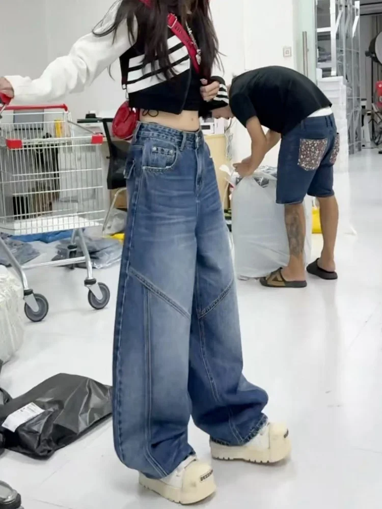 ارتفاع الخصر فضفاضة تناسب الأزرق الدنيم الجينز المرأة حجم كبير مستقيم الساق السراويل الخريف Faion الكمثرى القرد الجسم التخسيس بنطلون