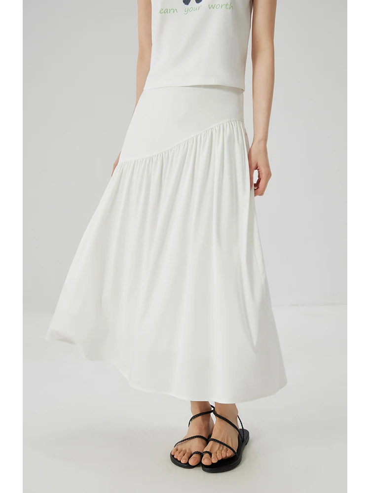 

ZIQIAO Summer White A-LINE Skirts Pleated Design Summer Asymmetric Twill Long Women Skirt Back Elastic Waist Skirt 24ZQ92503