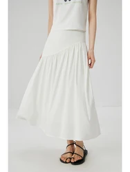 ZIQIAO Summer White A-LINE Skirts Pleated Design Summer Asymmetric Twill Long Women Skirt Back Elastic Waist Skirt 24ZQ92503