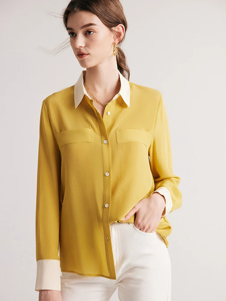 SuyaDream, Women Chic Shirts, 100%Silk Crepe De Chine, Single Breasted, Solid Blouses, 2024 Spring Summer Office Lady Top