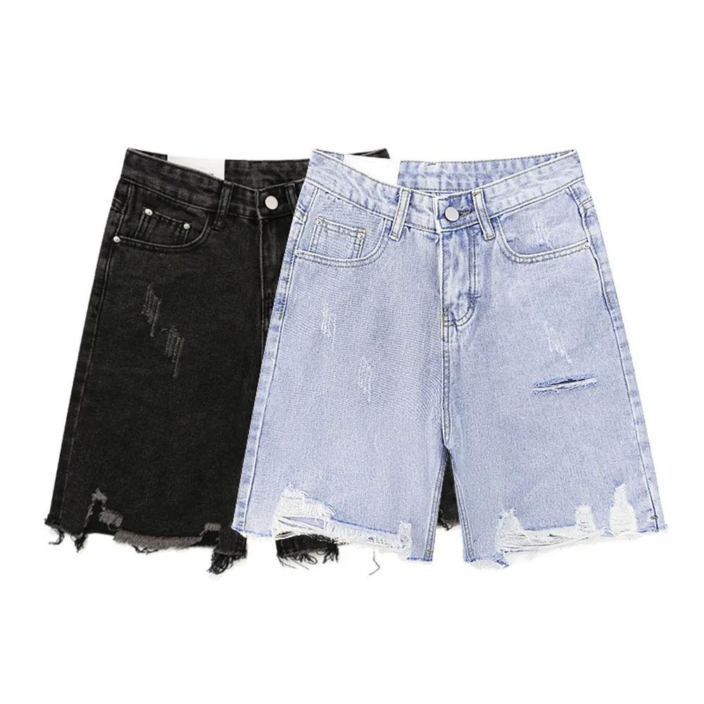 New Summer Solid Color Woman Shorts Simple Design High Waist Slim Fit Hole Ripped Five Points Pants Trendy Women's Shorts