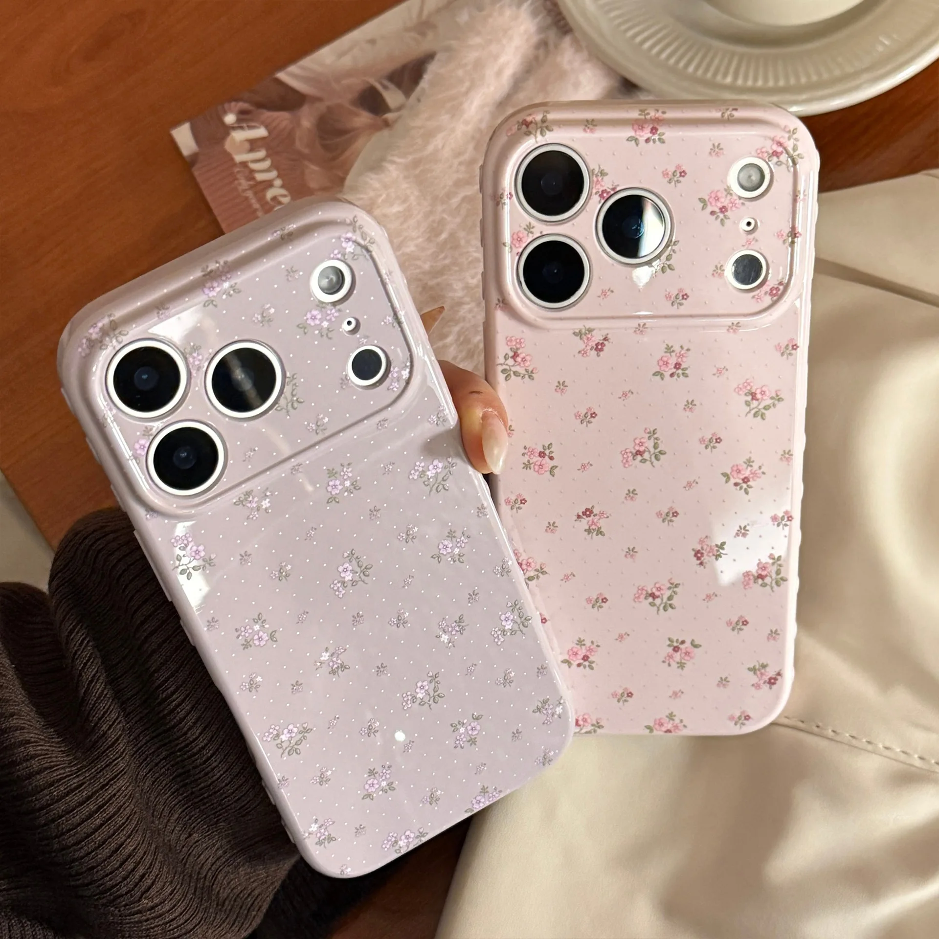 Koreanische Vollbild-Lila-Rosa-Blumen-Blumen-Handyhülle für iPhone 17, 16, 15, 14, 13, 12, Pro Max, stoßfeste, schützende, weiche Abdeckung