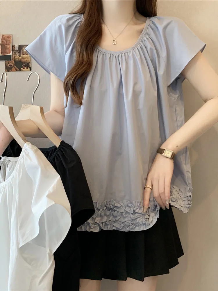 

plus Size Women's Fashionable Short Sleeve Shirt Loose Fit Summer New Style Splice Lace Trim Top Korean Style Commute Wind
