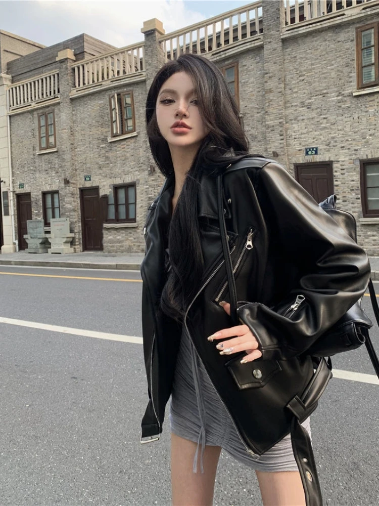 

Стильная уличная куртка из искусственной кожи для женщин, свободного кроя, в мотоциклетном стиле, премиум-класса, с застежкой-молнией