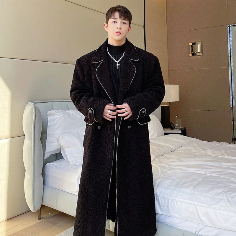 Notched Men's Long High-quality Woolen Heavy Industrial Metal Beaded Double Breasted Coat Autumn Winter Fashion Chic