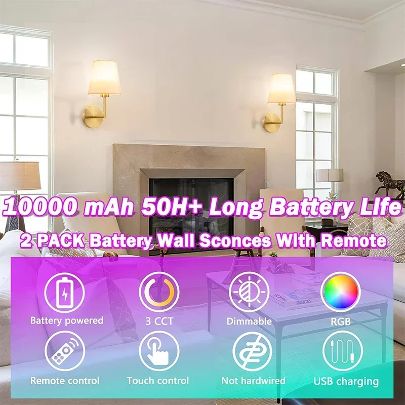 

LED Rechargeable Wall Sconce RGB Bulb Wiring Free Wall For Bedroom Bedside Corridor Living Room Study Stairway Decorative Light