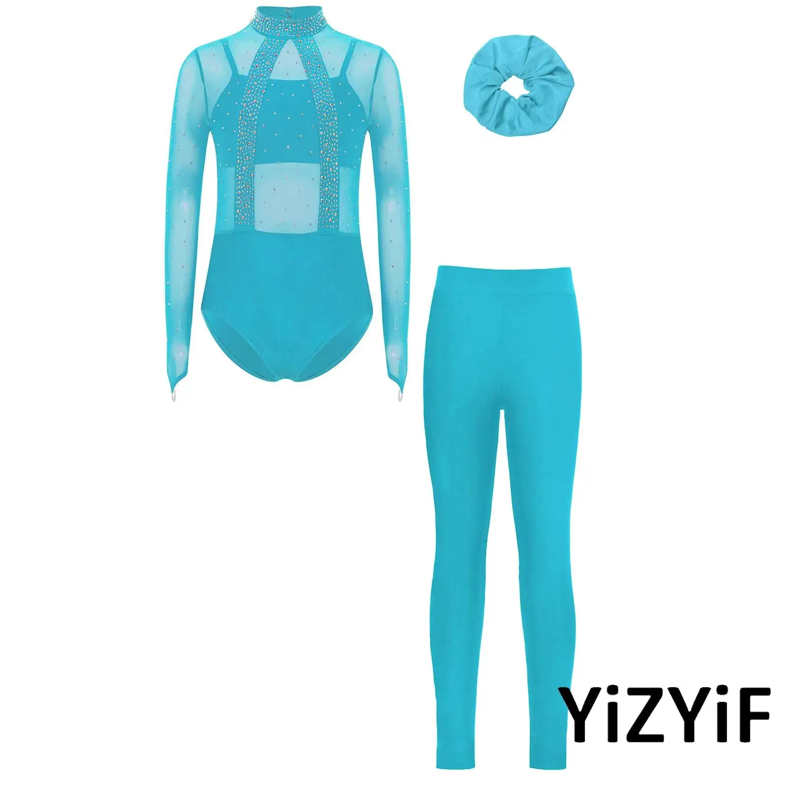 

Kids Girls Gymnastics Ballet Dance Outfit Cutout Back Mesh Bodice Dance Leotard+Spaghetti Straps Camisole+Leggings+Hairband Set