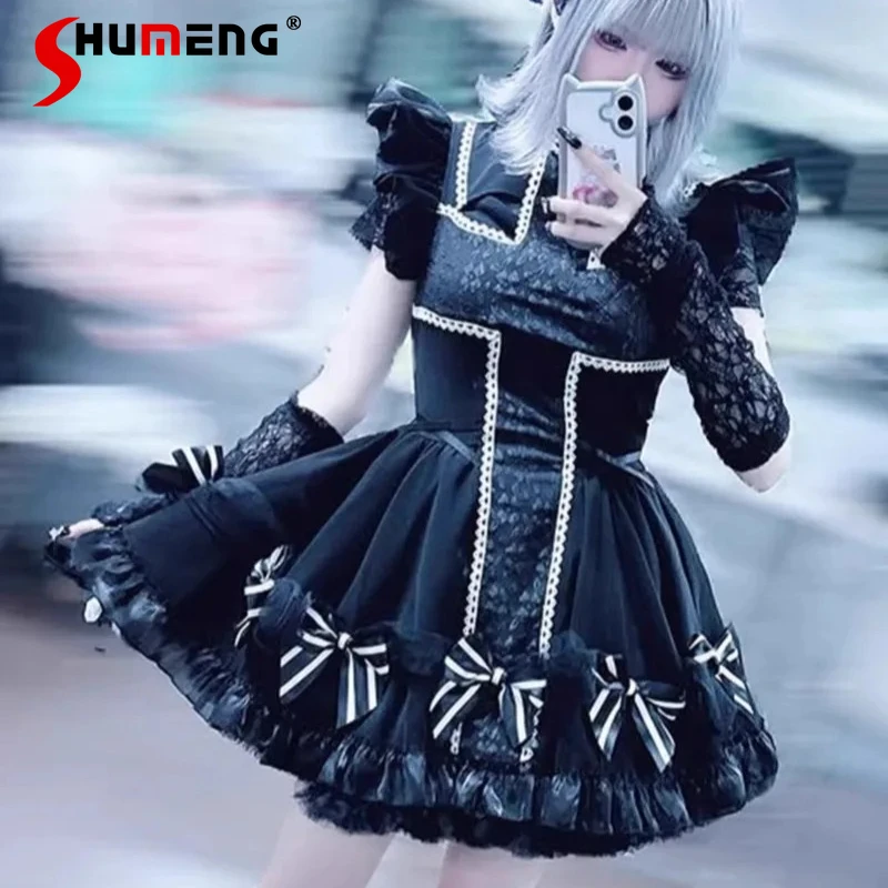 

Japanese Lolita Style Half High Collar Y2k Black Dresses 3D Bow Dark Pattern Flower Cross Finale Organza Lace Dress For Women
