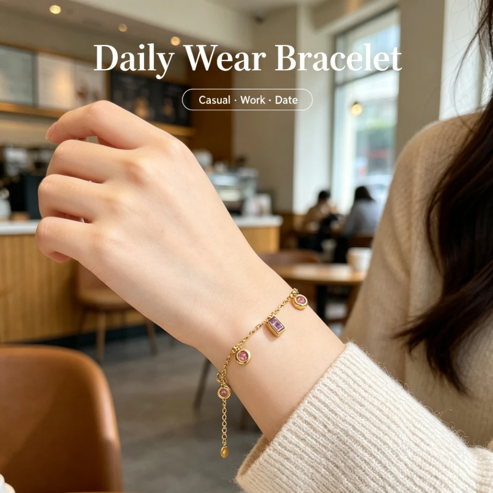 Women's French Elegant Romantic Stainless Steel Bracelet, Color Preserving Zircon Inlaid Tassel Circle Hand Jewelry for Commute