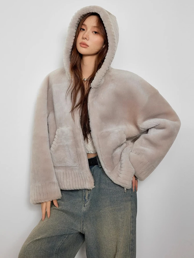 

High-end Luxury Merino Sheep Fur Hooded Winter Jacket for Women 2026 Simple Casual Short Genuine Leather Real Fur Lambswool Coat