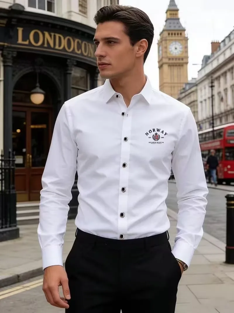 Men's Breathable Lapel Long-Sleeve Shirt Wrinkle-Free Soft Fabric Exquisite Logo Print Four-Season Formal Fashion