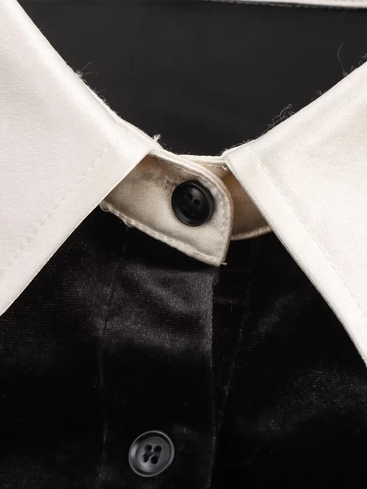 Estilo europeo nueva moda mujer todo fósforo temperamento terciopelo empalme abierto camisa de plumas de ganso pantalones