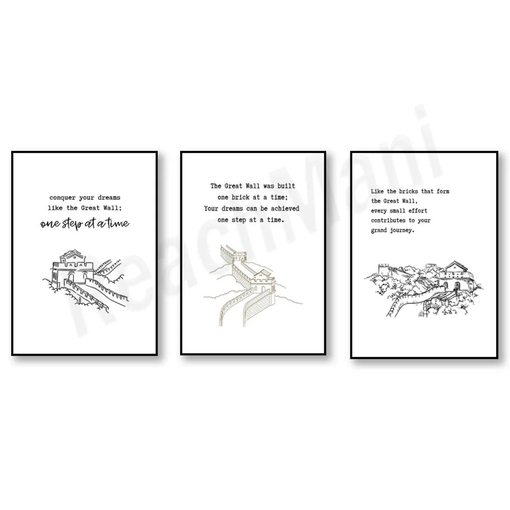 Great Wall of Inspiration: Inspirational Quotes Simple Line Art, Wonders of the World Office Living Room Decor Poster