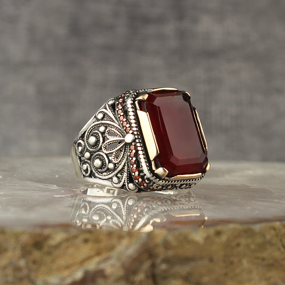 

Men's Ring Special Cut Burgundy Agate Gemstone 925 Sterling Silver Men 'S Ring