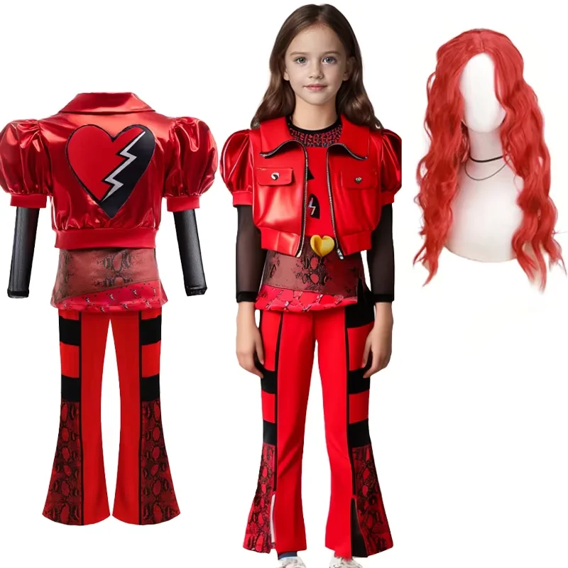 Película The Rise of Red disfraz de Cosplay para niñas Navidad Halloween carnaval vestido Descendientes 4 Año nuevo conjunto completo trajes peluca