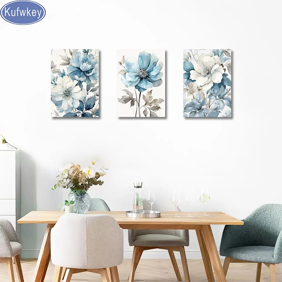 Vintage Blue Flower Diamond painting Triptych Home decoration 3 pieces Full Square Round diamond Mosaic embroidery still life