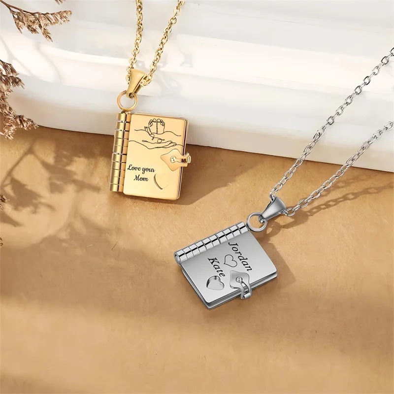 Custom Book Engraved Name and Messages Necklace Personalized Mini Book Locket Necklace Openable Multi Layer Memory Necklaces