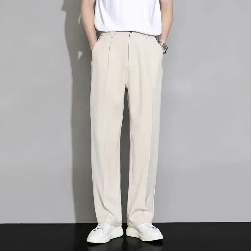 

2025 Summer Thin Ice Silk Suit Pants For Men Elastic Waist Wide Leg Straight Trousers Korean Cool Breath Casual Pant Streetwear