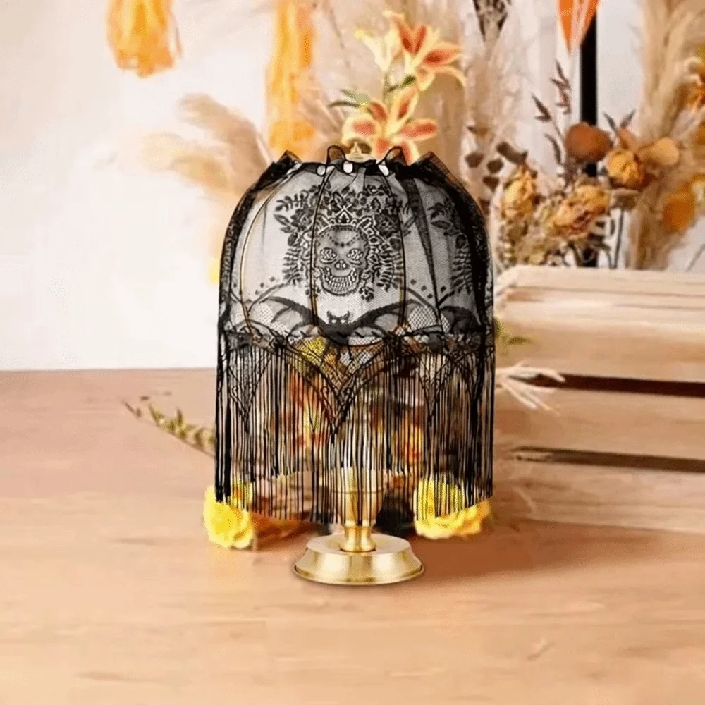 Gothic Style Lace Bat Skeleton Head Lampshade Decorative Scary Halloween Lampshade Black Halloween Table Cover Haunted House