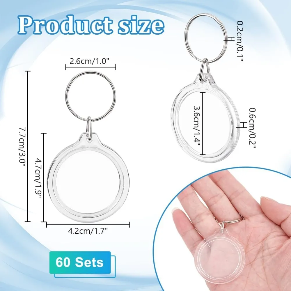 Blank Photo Insert Keychains 60 Sets Acrylic Photo Snap in Keychain 1.6 Inch Round Custom Blank Photo Keyring DIY making kit