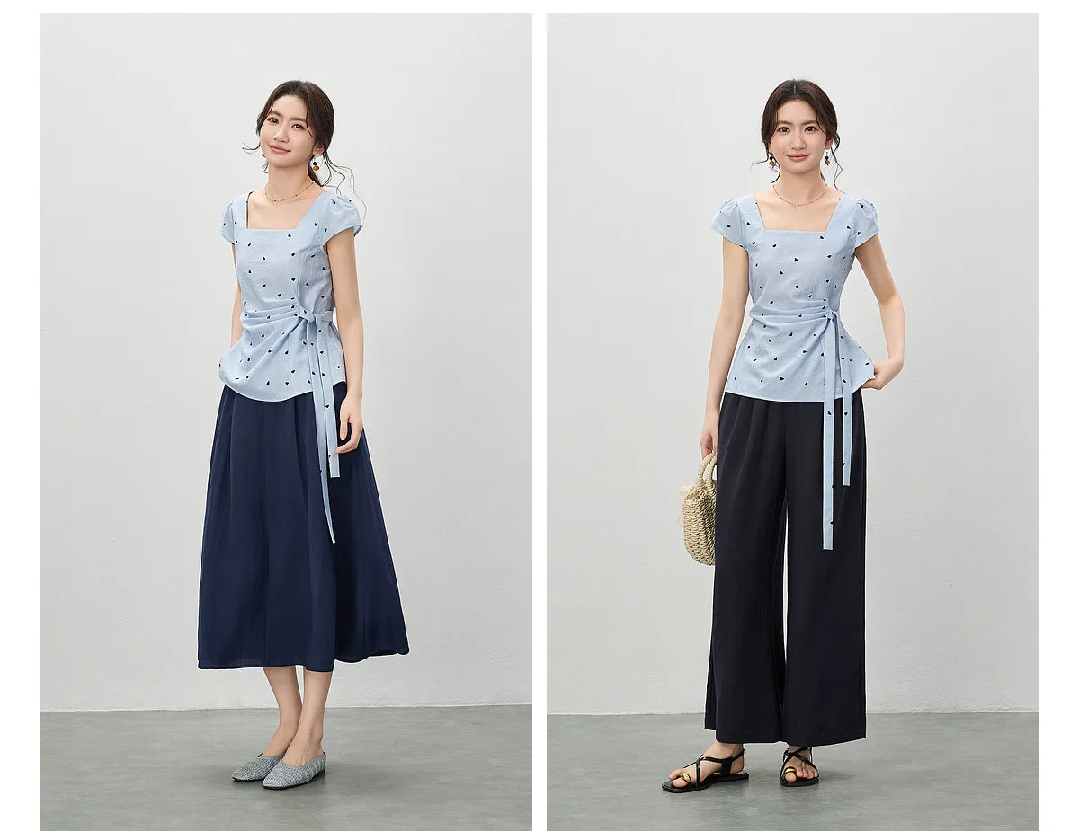 SENTUBILA Damen Chiffonbluse mit Herzmuster, Sommer, Gelb, Quadratischer Ausschnitt, Plissiert, Geraffte Taille, Kurzarm-Hemd 162VB5766 – Detail 8