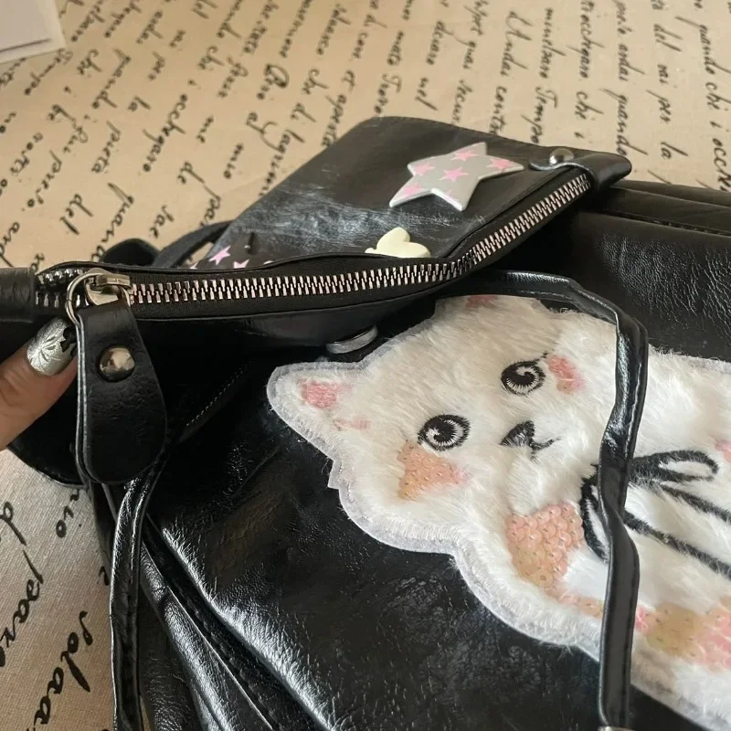 MBTI Y2k Damen Rucksack Schwarz Süße Katze Patchwork Lässige Mode Pu Leder Rucksack Beliebte Designer Gothic Kawaii Weibliche Tasche