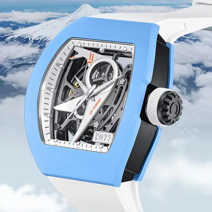 

CRONUSART Мужские автоматические часы 50 мм Tonneau Механические наручные часы Светящийся фторкаучуковый ремешок Скелет Самолет Циферблат