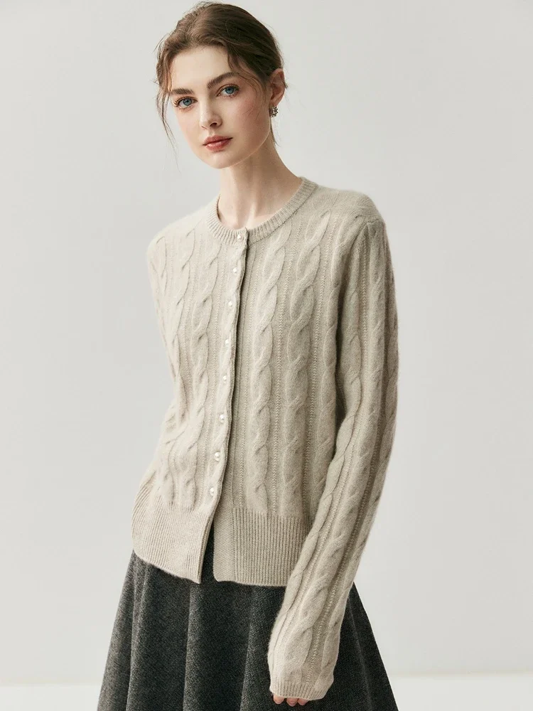 Chic Women's Sweater Autumn Winter 100% Cashmere Sweater Cardigan Twist Flower O-Neck Knit England Style Short Coat Pearl Buckle
